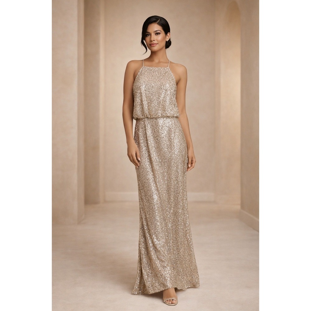 Adrianna Papell Sequin Gown Nude Old Hollywood Glam Gala Formal Sparkle 10M
